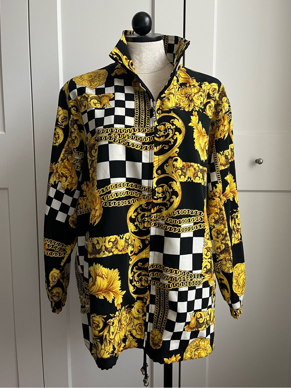 Versace Style Vintage Zip-Up Jacket - Gold Acanthus Leaf, Chains & Plaid Print